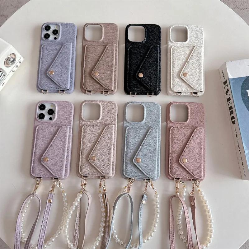 Leather Crossbody Wrist Strap Phone Case for IPhone 13 12 Mini 15 14 Plus 11 Pro Max Wallet with Card Holder Protective Cover