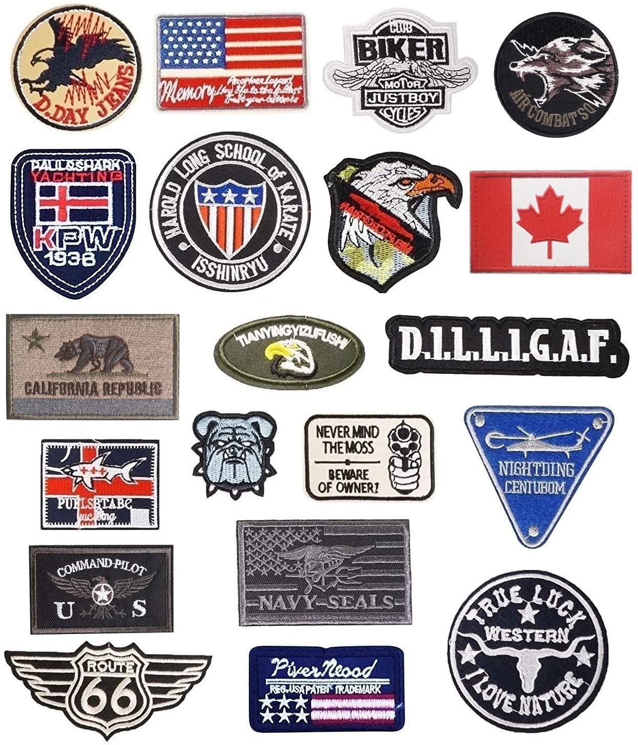 

JINSELF Patch 20 Pieces Set Iron-On Embroidery Military America Nordic English Airsoft Self-Defense Force Sewing Repair Adults Men BEAST