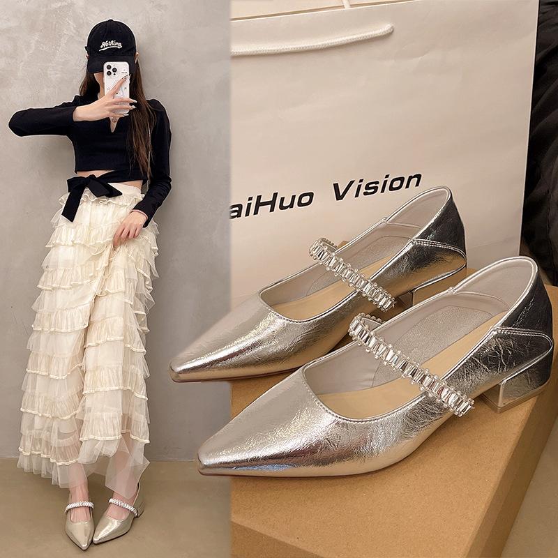 2025 French fairy style pointed high heels new summer temperament versatile thick heel single shoes with skirt women's shoes