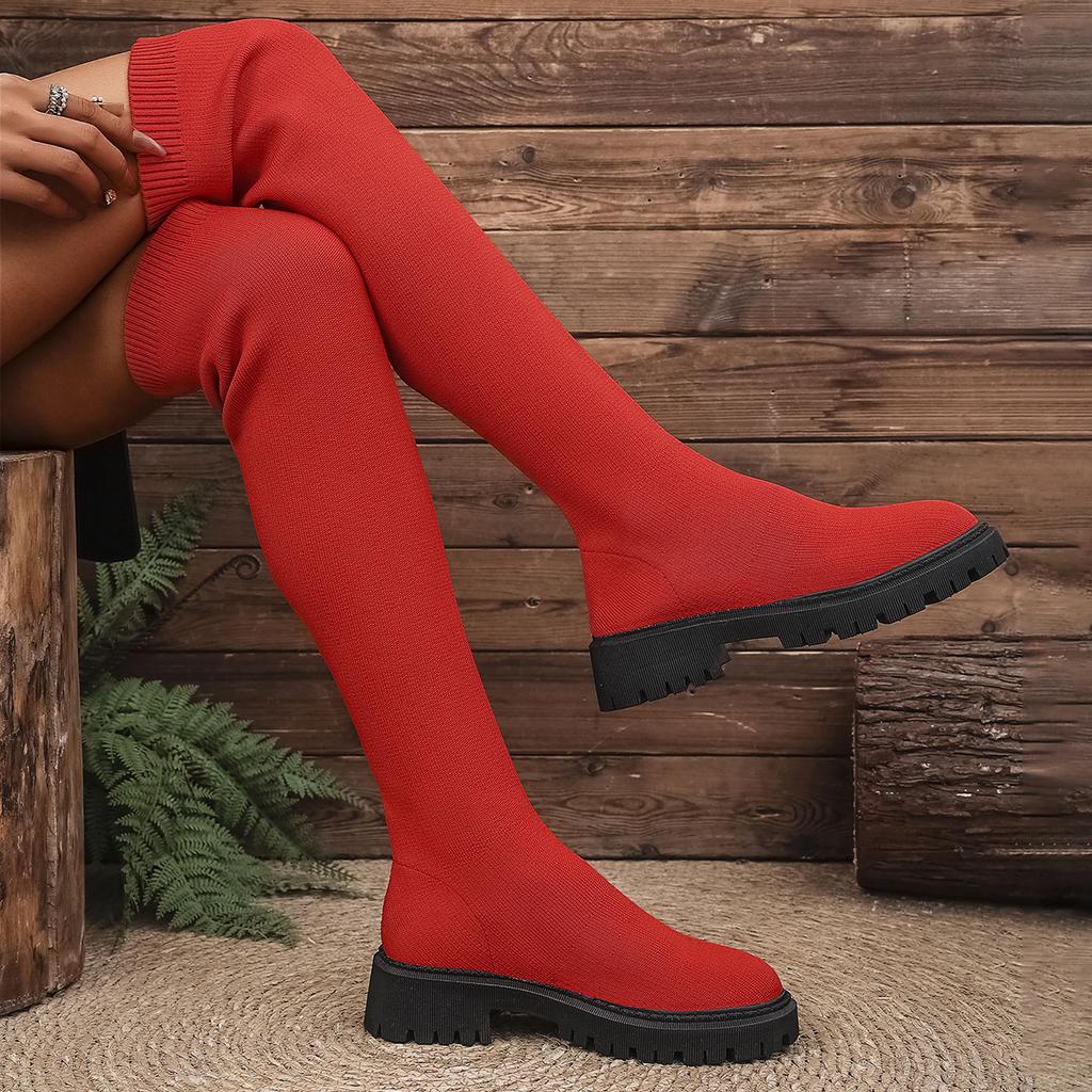 Fashion Stretchy Knit Over The Knee Long Boots for Women 2025 Autumn Fashion Thick Sole Non Slip Thigh High Boots Woman Plus Size 35-43