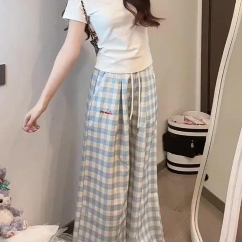 Korean Style Light Blue Plaid Embroidered High-Waisted Wide-Leg Pants