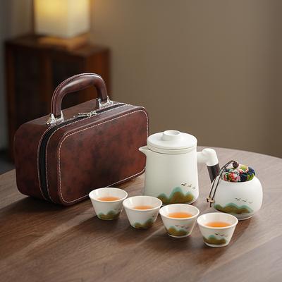 Retro chinesischer Stil Keramik Tee-Set Outdoor Teetasse Camping Reise Express-Set Einfache Ledertasche