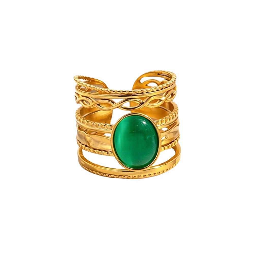 Stainless Steel Geometric Hollow Ring Hollow Pattern Colored Stone Ring Open Ring For Women