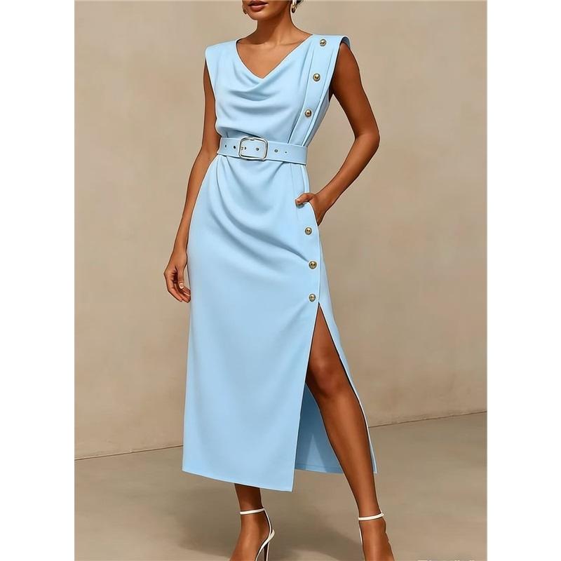 Women Sleeveless Midi Dress V Neck Belted Waist Button Side Slit Elegant Party Formal Dress L лазурь