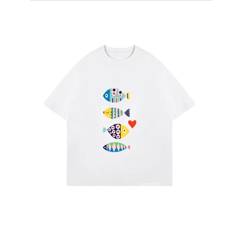White T Shirt With Colorful Fish Pattern For Casual Wear