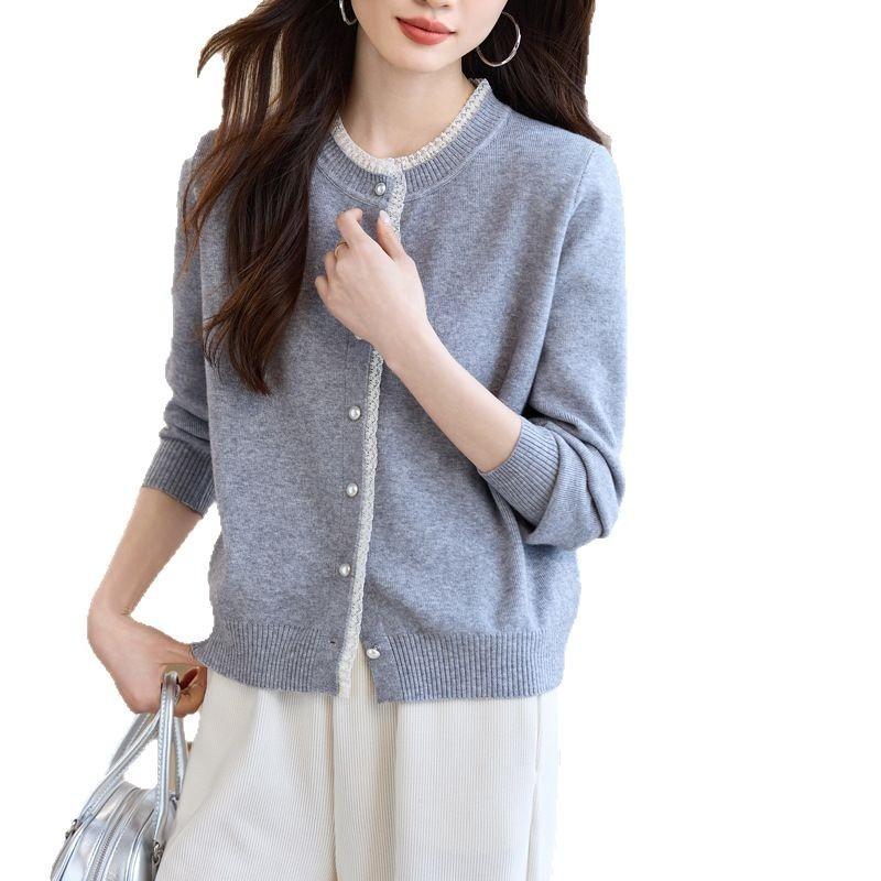 Autumn New Women's Gray Sweater Cardigan Jacket Temperament Lace Edge Knitted Sweater Top