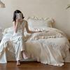 French Vintage Ruffle Lace Cotton Linen 4-Piece Embroidered Bedding Set (Fits 1.8m Bed)