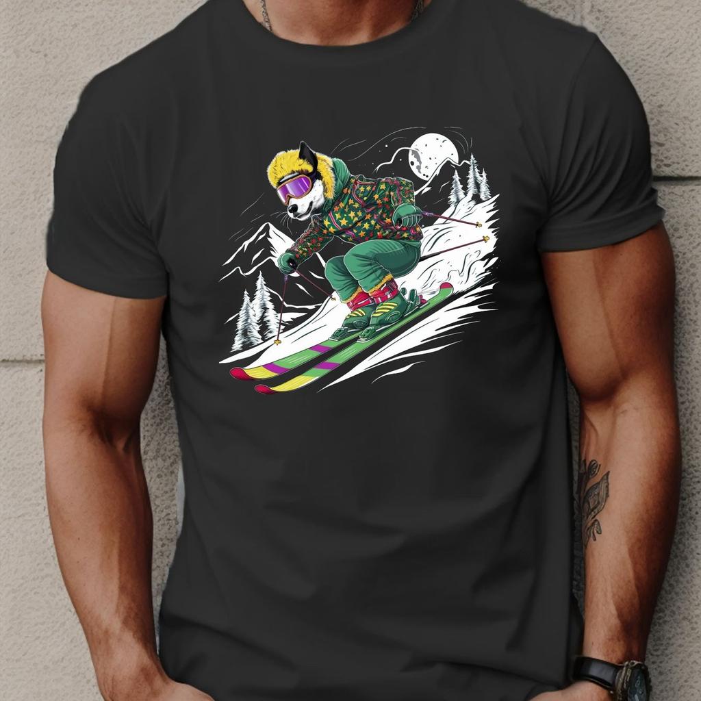 Cool Fox Skiing Graphic Tee Mens Casual Crew Neck Short Sleeve T Shirt Breathable Summer Top