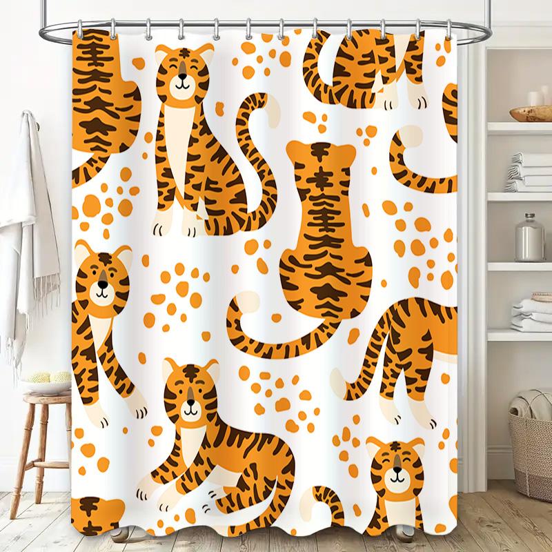 Tiger Print Shower Curtain Polyester Fabric Waterproof Home Decor Bathroom Accessories Orange White Colorful Design (180X240Cm)
