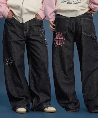 WAIKEI Star Applique Embroidery Denim Pants Indigo Blue