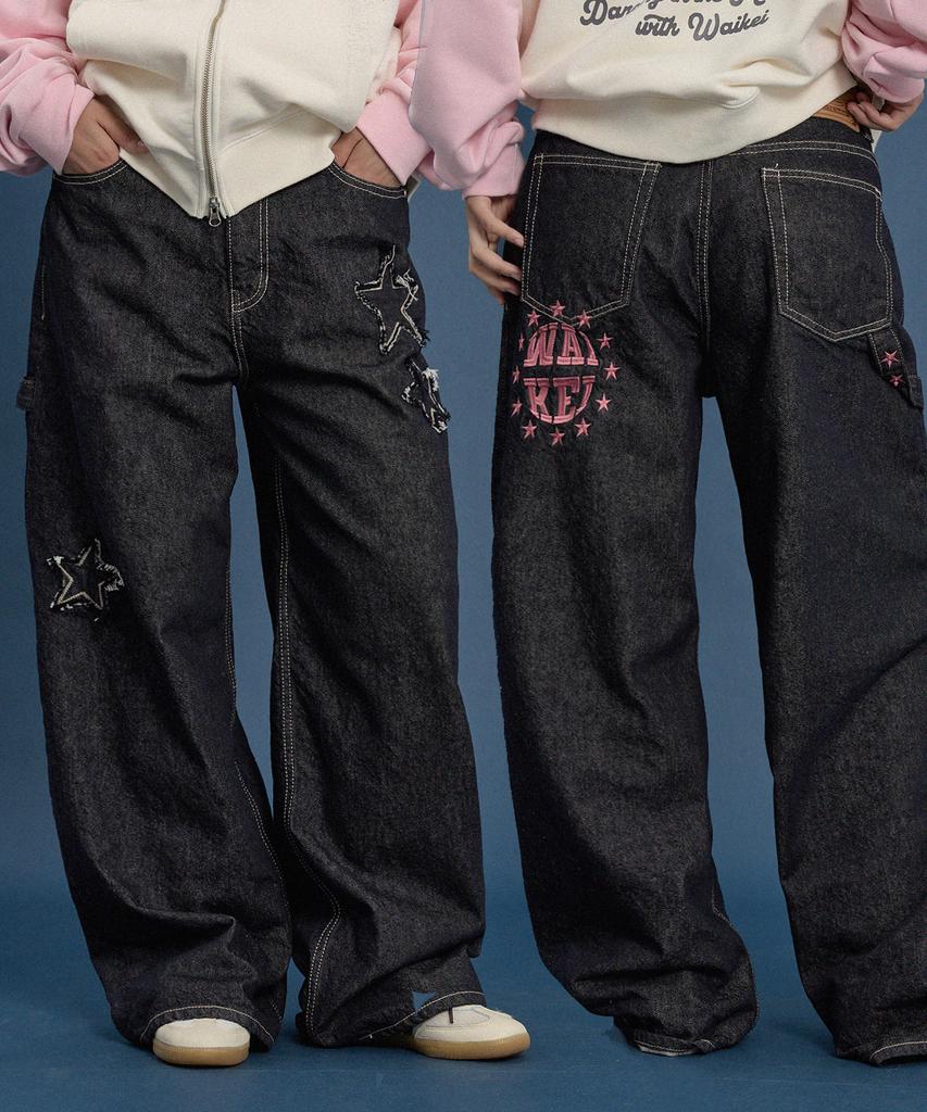 WAIKEI Star Applique Embroidery Denim Pants Indigo Blue