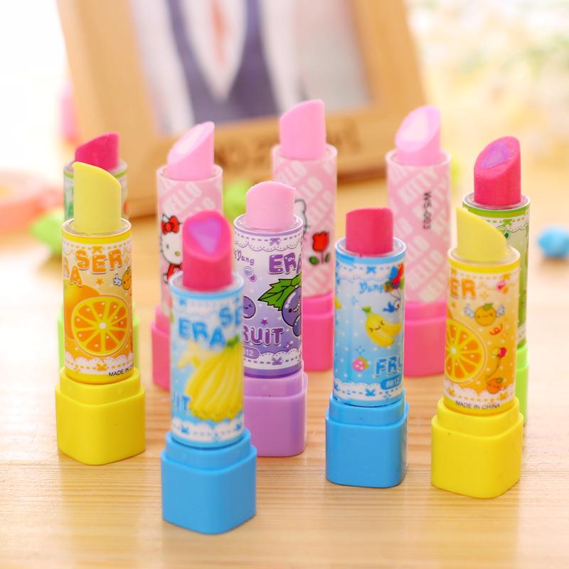10Pcs Cartoon Fruit Lipstick Shape Erasers Stationery Gift for Kids Birthday Party Favors Back To School Rewards Pinata Fillers
