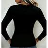 Spring and Autumn New Women's V-neck Metal Strap Design Top Black Slim Long Sleeve Slim T-Shirt