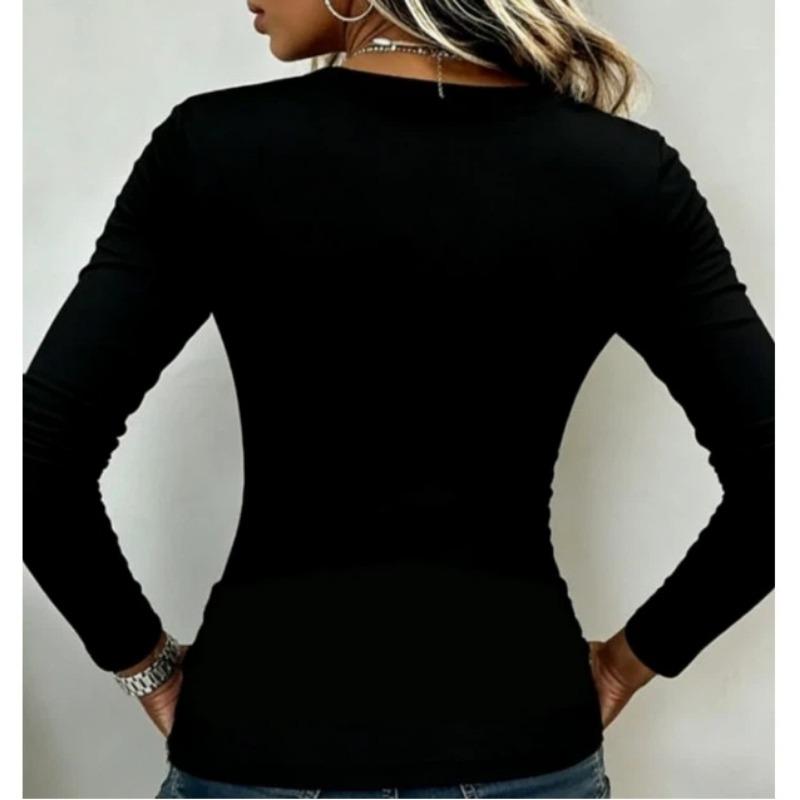 Spring and Autumn New Women's V-neck Metal Strap Design Top Black Slim Long Sleeve Slim T-Shirt
