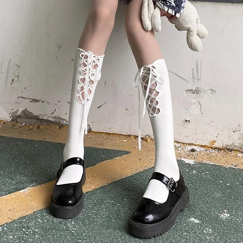 

White Socks Women s Mid-tube Socks Jk Silk Stockings Calf Socks Strap Hollowed Out Girls Long Tube Black Summer Thin One Size белый