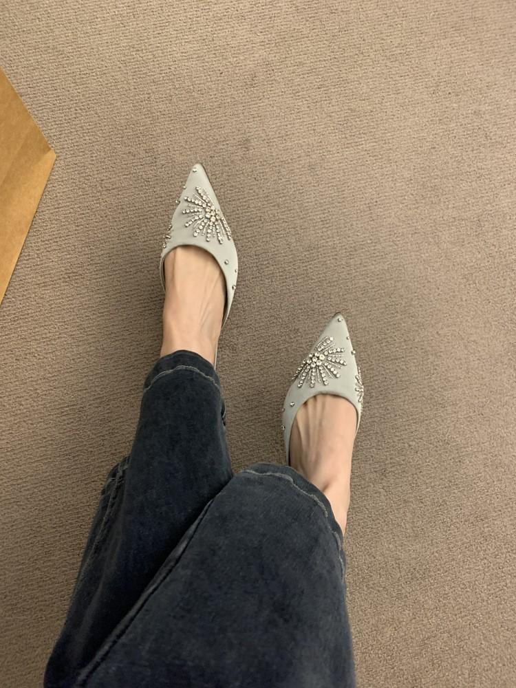 Coarse Heeled French Toe Cap Half Slippers for Women Wearing Outer Shoes. Spring and Autumn 2025 New Brown Rhinestone Pointed Evening Shoes