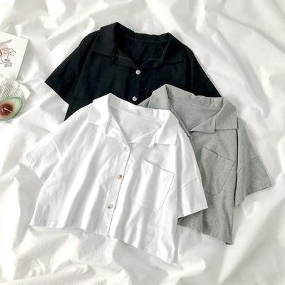 Crop Top Women Summer Basic Shirts Y2k Pocket Button Up Short Sleeve Polo Shirt Loose Black White Tops