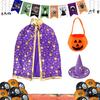 Child Witch Costume Unique Anime Cosplay Cape Hat Set Sparkling Pentagram Design with Pumpkin Bag Halloween Party Supplies