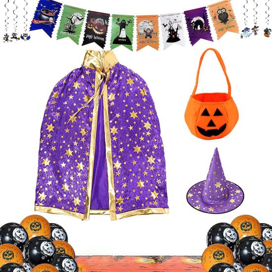 Child Witch Costume Unique Anime Cosplay Cape Hat Set Sparkling Pentagram Design with Pumpkin Bag Halloween Party Supplies