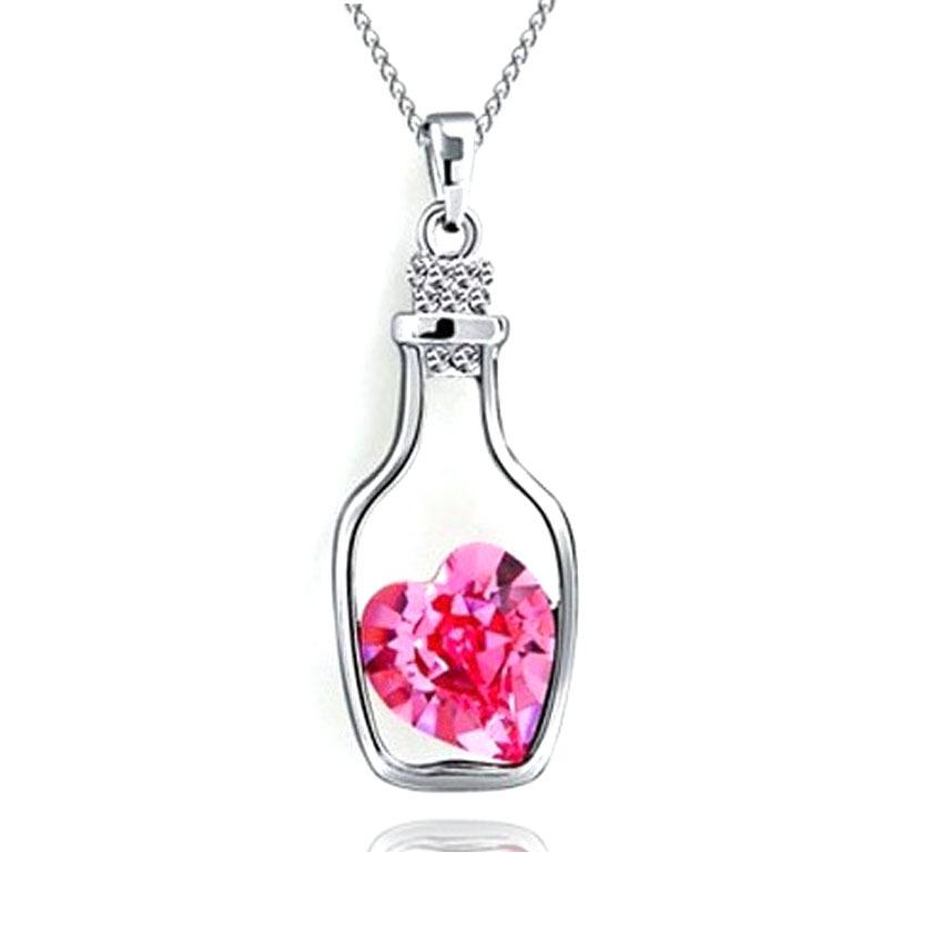 Korean Style Peach Heart Rhinestone Wish Bottle Necklace with Austrian Crystal Pendant