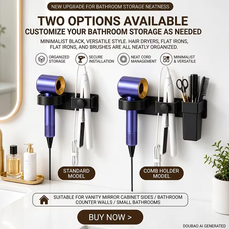 Wall Mounted Hair Dryer Holder Bathroom Hair Tool Storage Rack No Drill Self Adhesive Organizer for Hair Dryer Brush and Comb