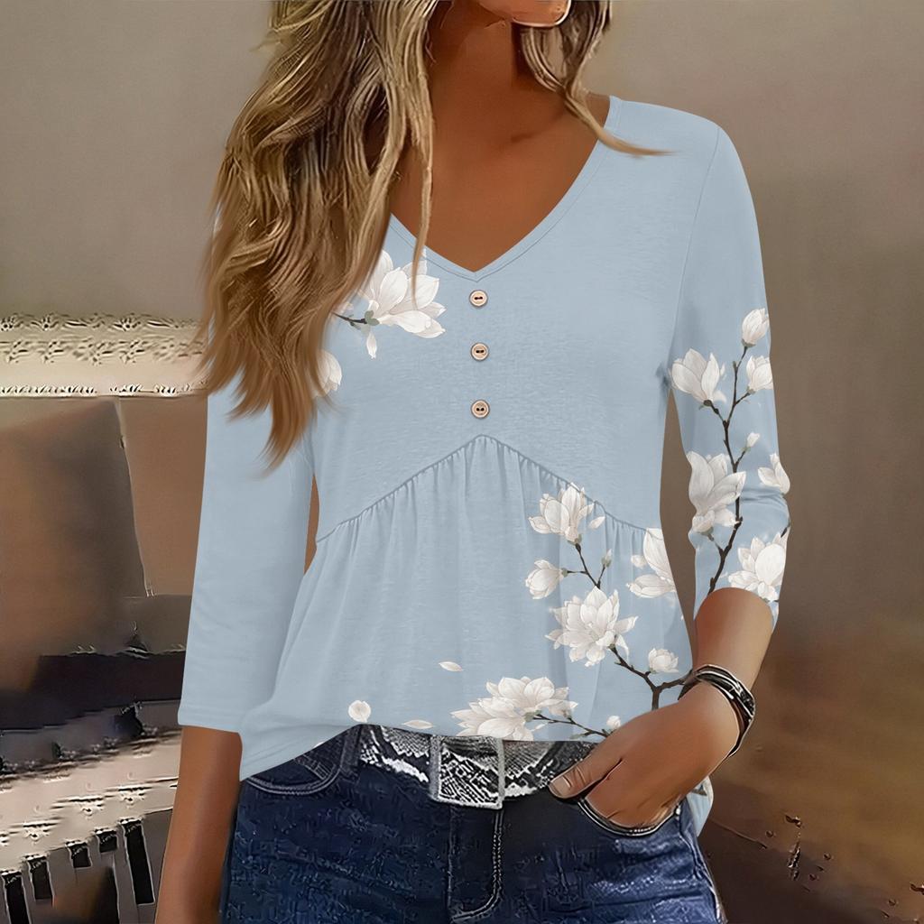 Womens 3/4 Sleeve V Neck Button Detail Floral Print Tunic Top Casual Loose Fit Lightweight Blouse