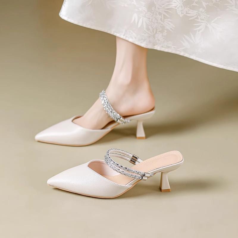 Baotou semi-slippers summer new high-heeled cool slippers pointed rhinestone shoes thick-heeled slippers women's outer wear