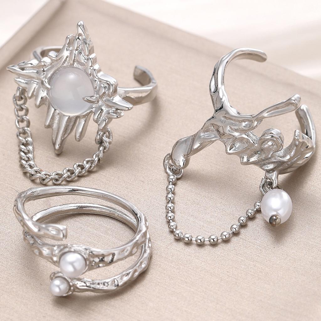 Pack of 3 Opening Chain Rings Adjustable Rings Open Rings Finger Jewelry Alloy Texture Present for Fashion Lover