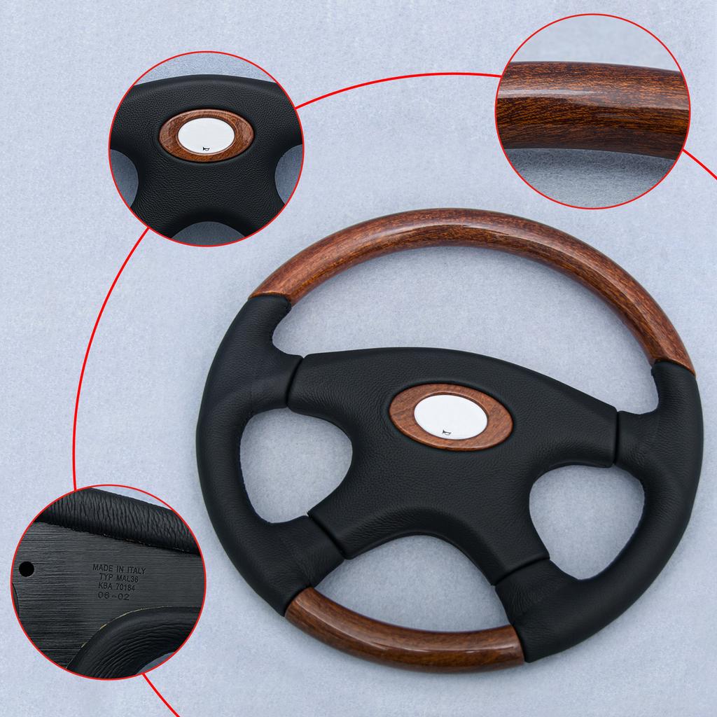 JDM 360mm Holzmaserung Schwarzes Leder Kombinationslenkrad Klassisches 4-Speichen-Lenkrad für Universal