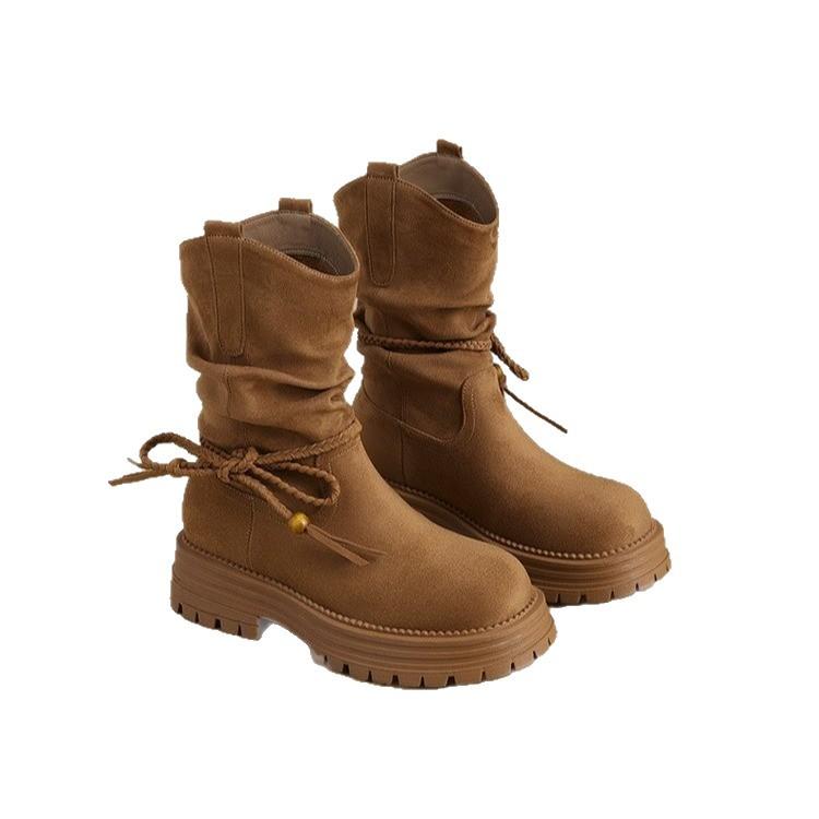 Platform Western Boots Women's 2025 New Autumn Stacking Boots Retro Bow Short Boots Knight Boots