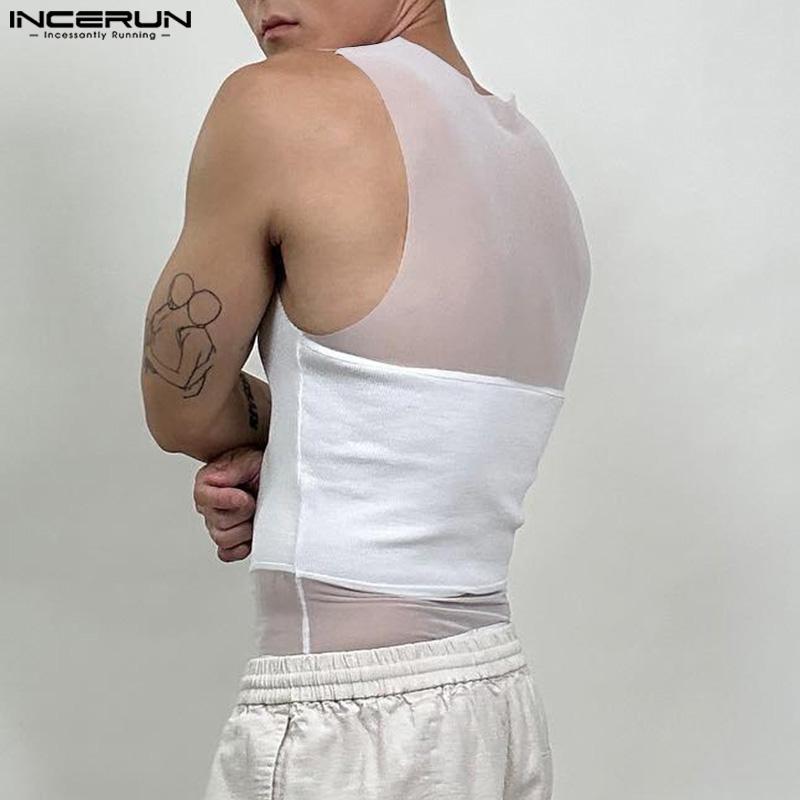 INCERUN Menn Ermeløs Mesh Patchwork Sexy Club Party Slim Tank Tops