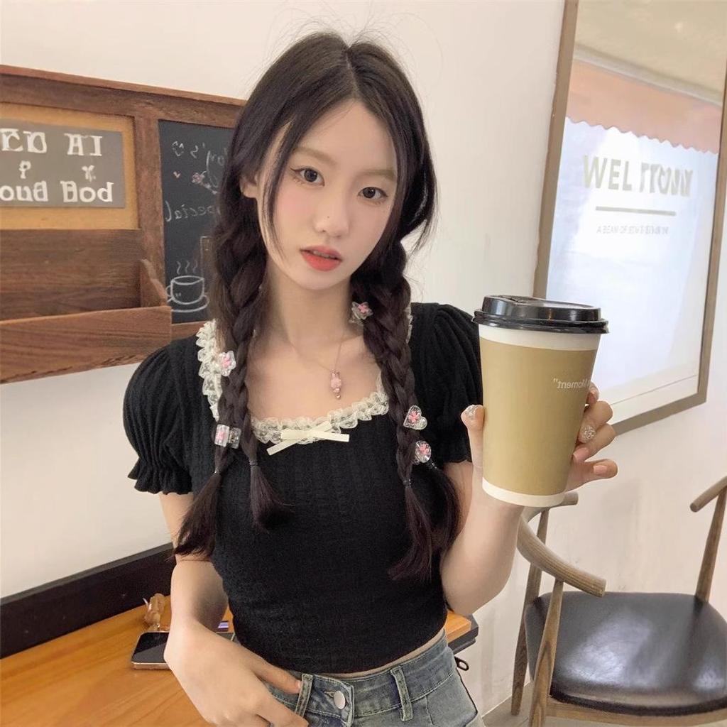 Women's Summer 2025 Square Neck Lace Short Sleeve Ballet Style Slim Fit T-Shirt