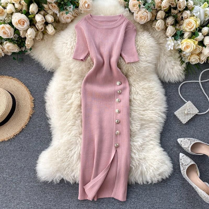 Korean Simple Solid Color Breasted Slim-fitting Short-sleeved Knitted Split-ended Hip-wrapped Dress
