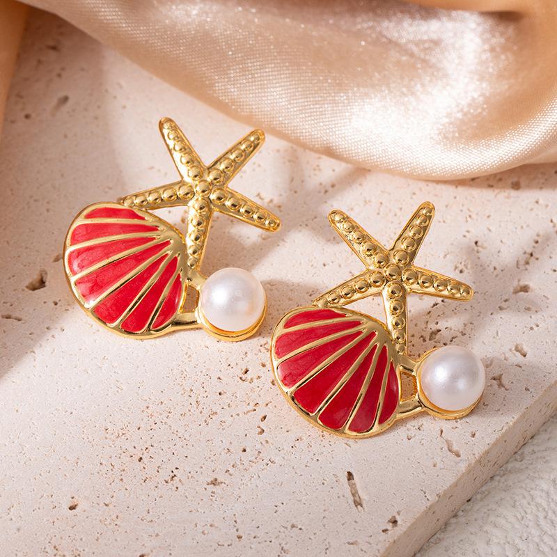 Colorful Drip Oil Starfish Mother-of-Pearl Pearl Stainless Steel Stud Earrings - Women's Non-Fading Light Luxury