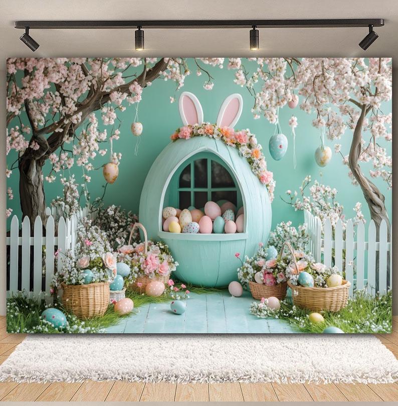 Spring Easter Cottage Colorful Egg Rabbit Photography Background Flower and Tree House Children's Birthday Decoration Backdrop