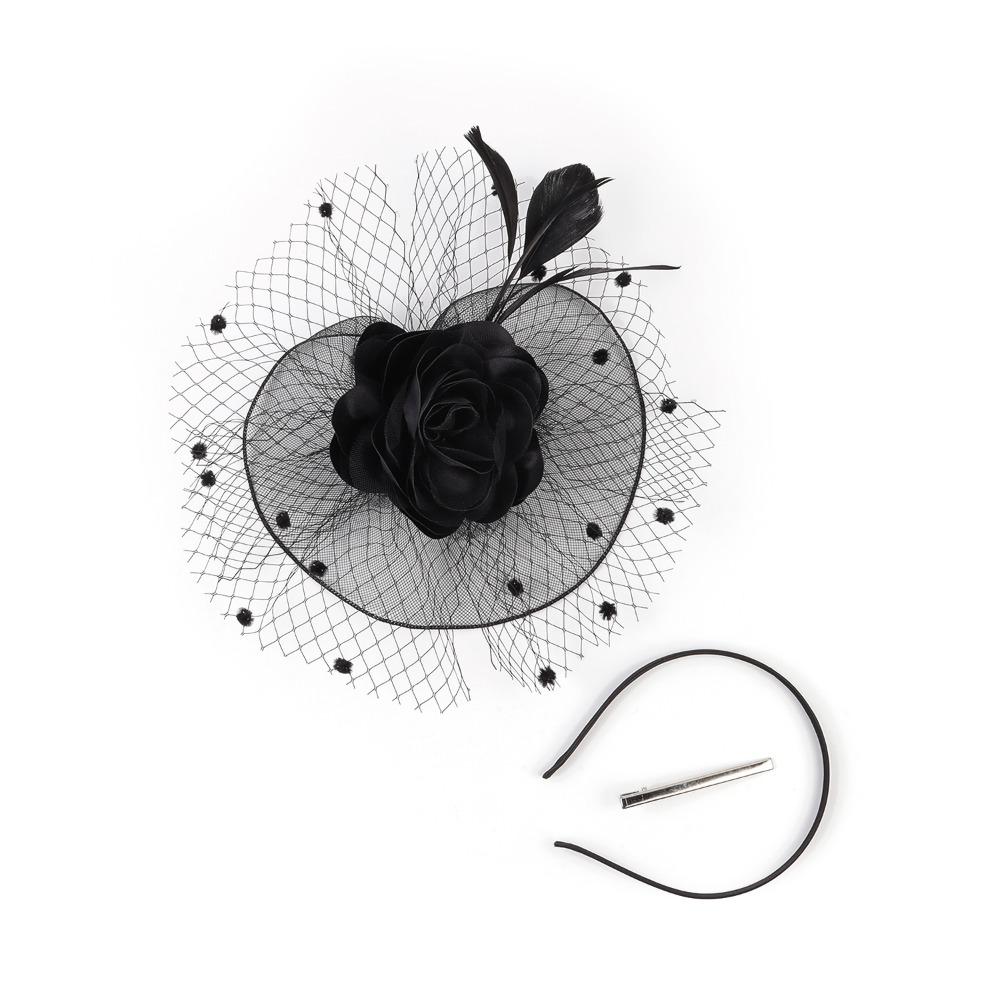 

Шляпа-дерби на клипсе Шикарный головной убор для дня скачек Винтажный фасинатор с сеткой и цветами для женщин чёрный