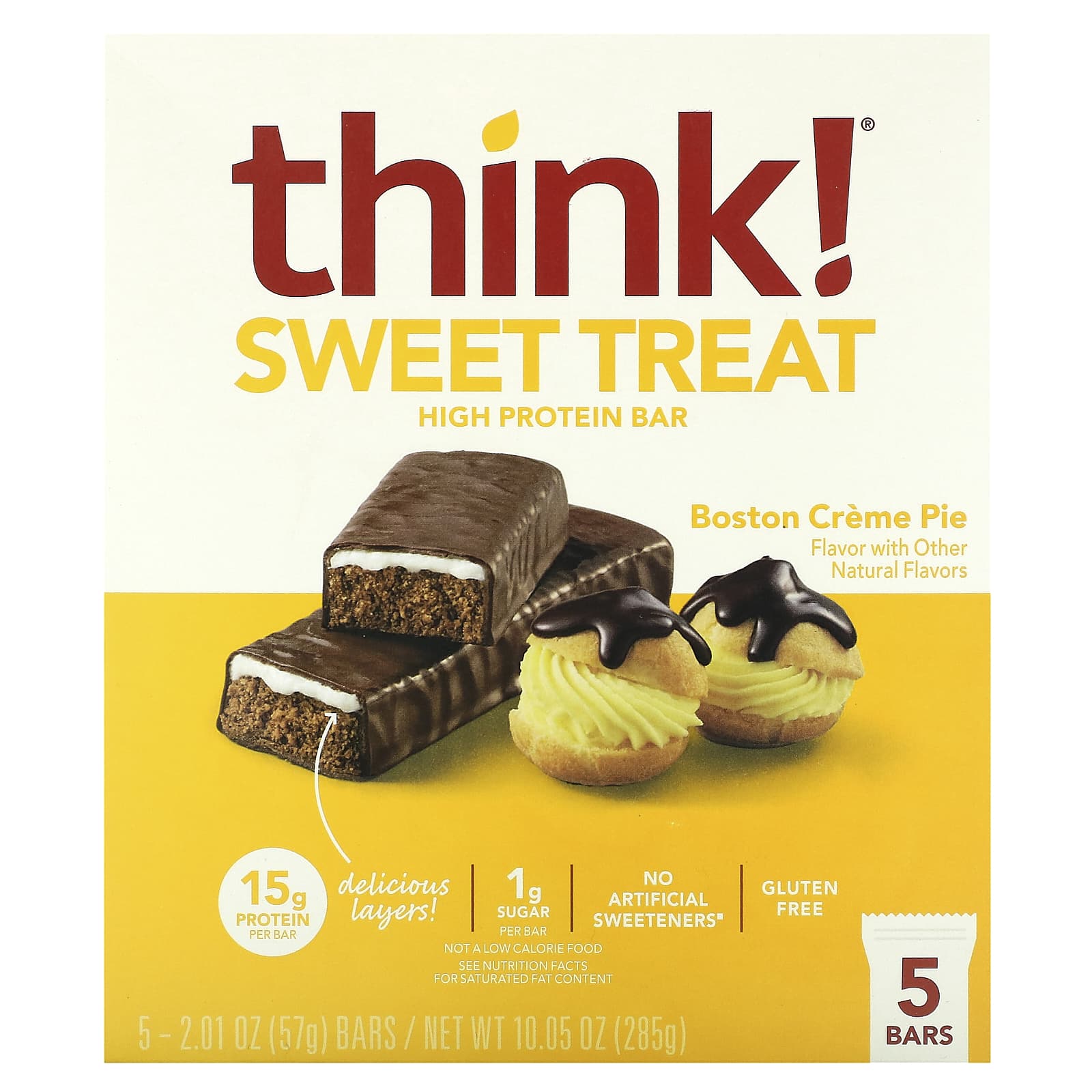 

Think!, Sweet Treat, High Protein Bar, Boston Cream Pie, 5 bars, 2.01 oz (57 g) each