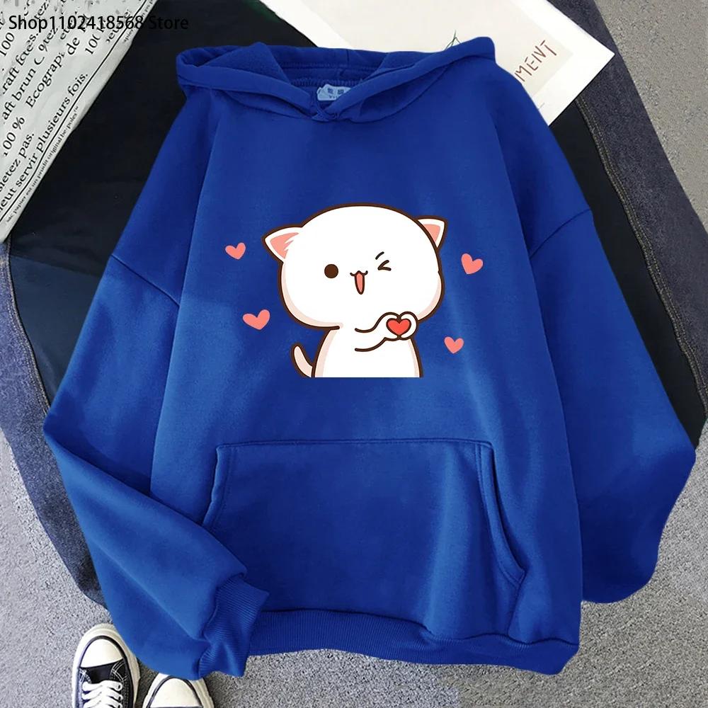 Women Hoodies Kawaii Peach Cat Cartoon Print Sweatshirt Mochi Heart Love Winter Cartoon Sudadera Clothing