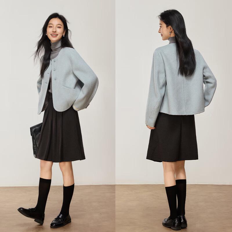 VICTORIA&VERA Women's Contrast Cuff Wool Blend Short Coat