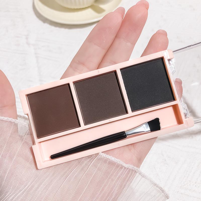 Baozhilan Tri-Color Eyebrow & Blush Palette with Brush - Natural Look, Nose Shadow, Highlight & Contour for Beginners, Easy Application.