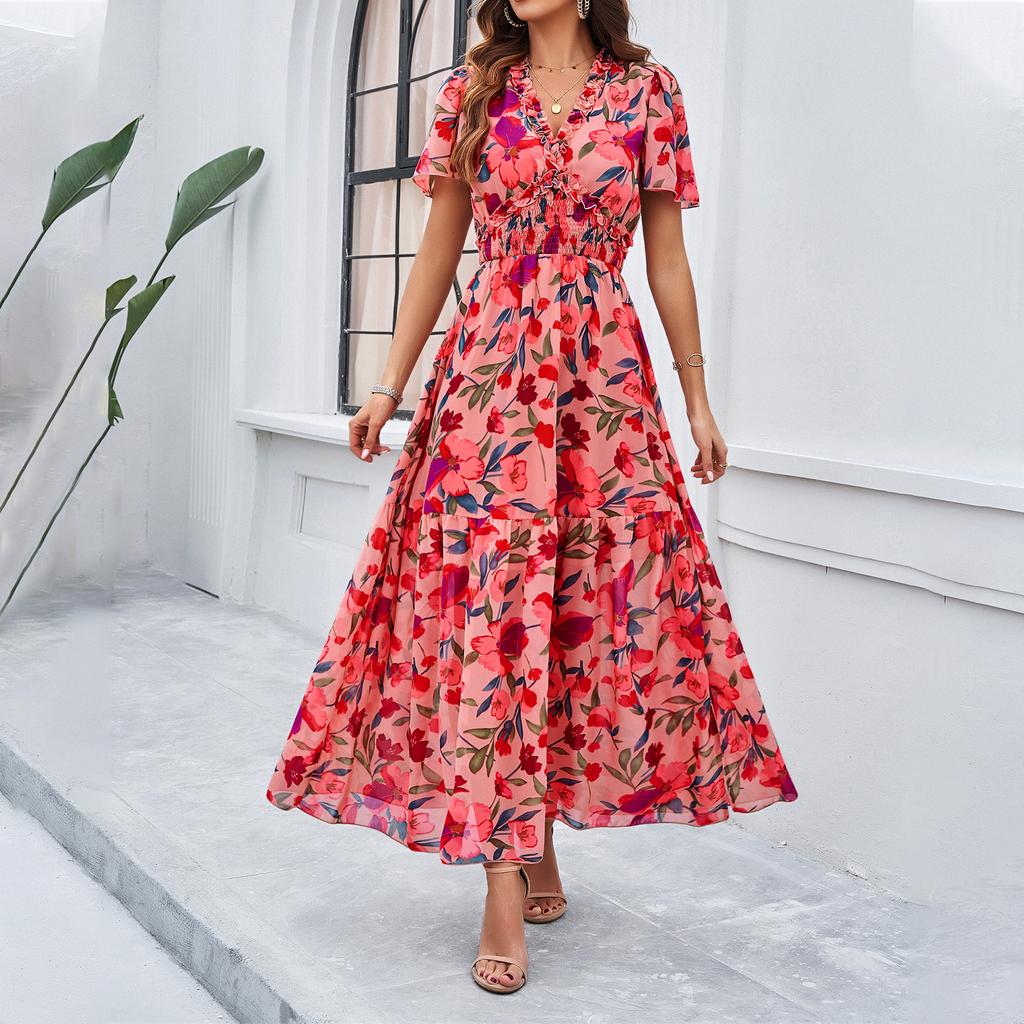 Women's Spring and Summer Temperament Casual Printed Waist-hugging Dress