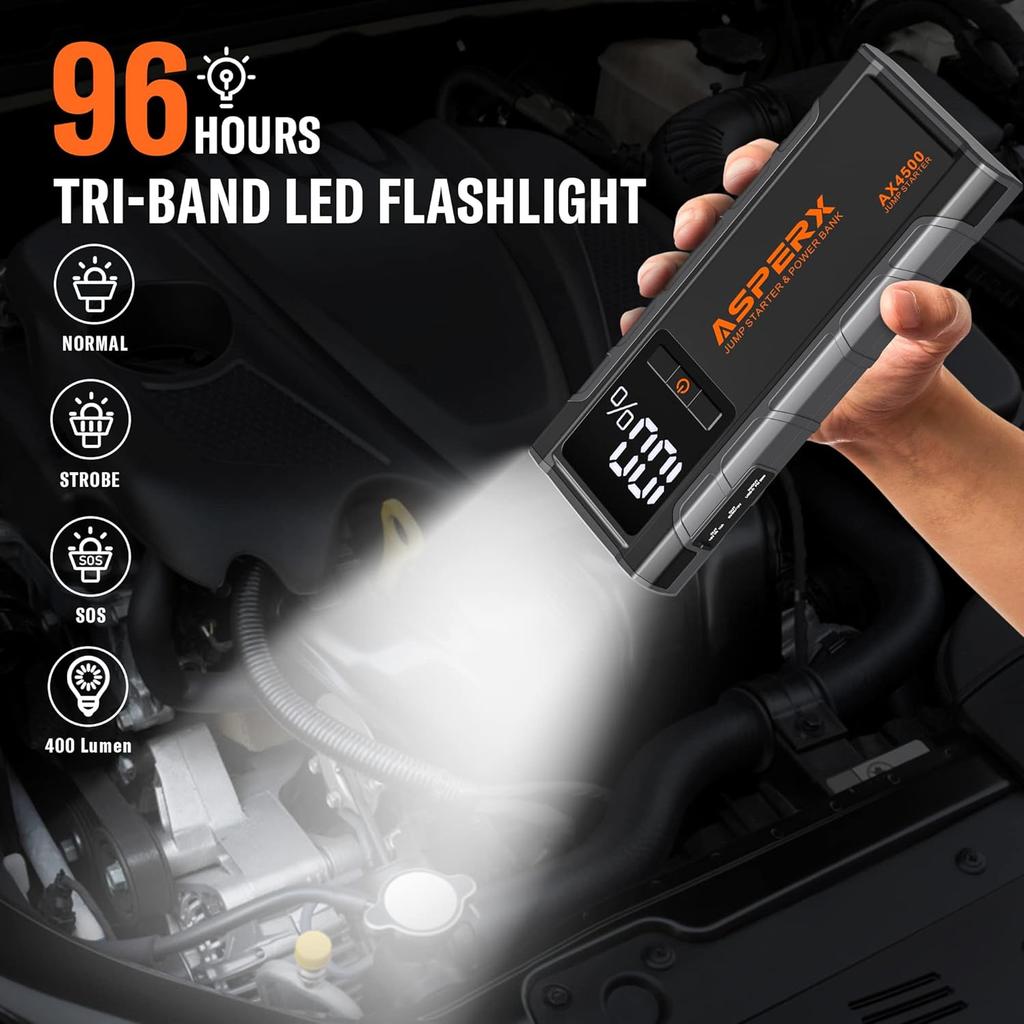 AX4500 Jump Starter, 4500A Peak, 12V Lithium Battery Booster with 4' LCD & LED Light