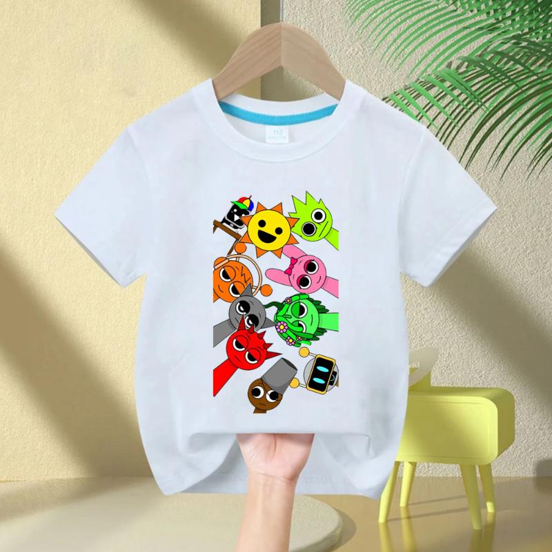 Dessin animé Sprunki personnage imprimé enfants T-shirt pur coton à manches courtes noir dessin animé haut pour les garçons 120cm
