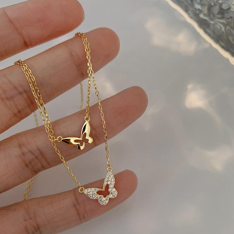 2022 New Golden Inlaid Zircon Double Layer Butterfly Necklace Women’s Personality Fashion Necklace Wedding  Birthday Gift