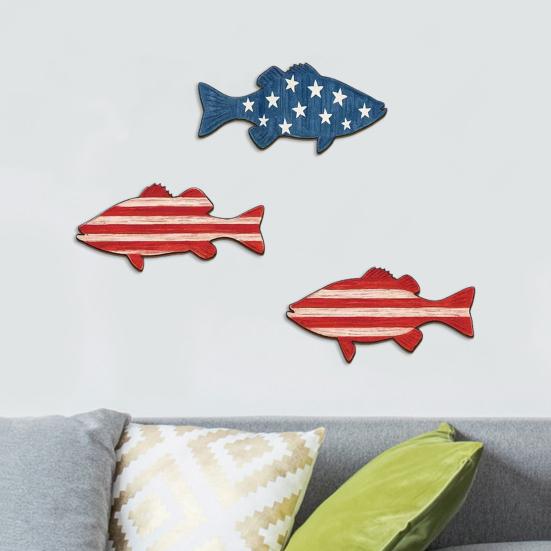 3 szt. Patriotyczne Drewniane Ryby Dekoracja Ścienna na 4 Lipca Wzór Pasków i Gwiazd Flagi Amerykańskiej Ryba Sztuka Ścienna Dekoracja Ścienna w Stylu Nadmorskim Oceanu do Salonu