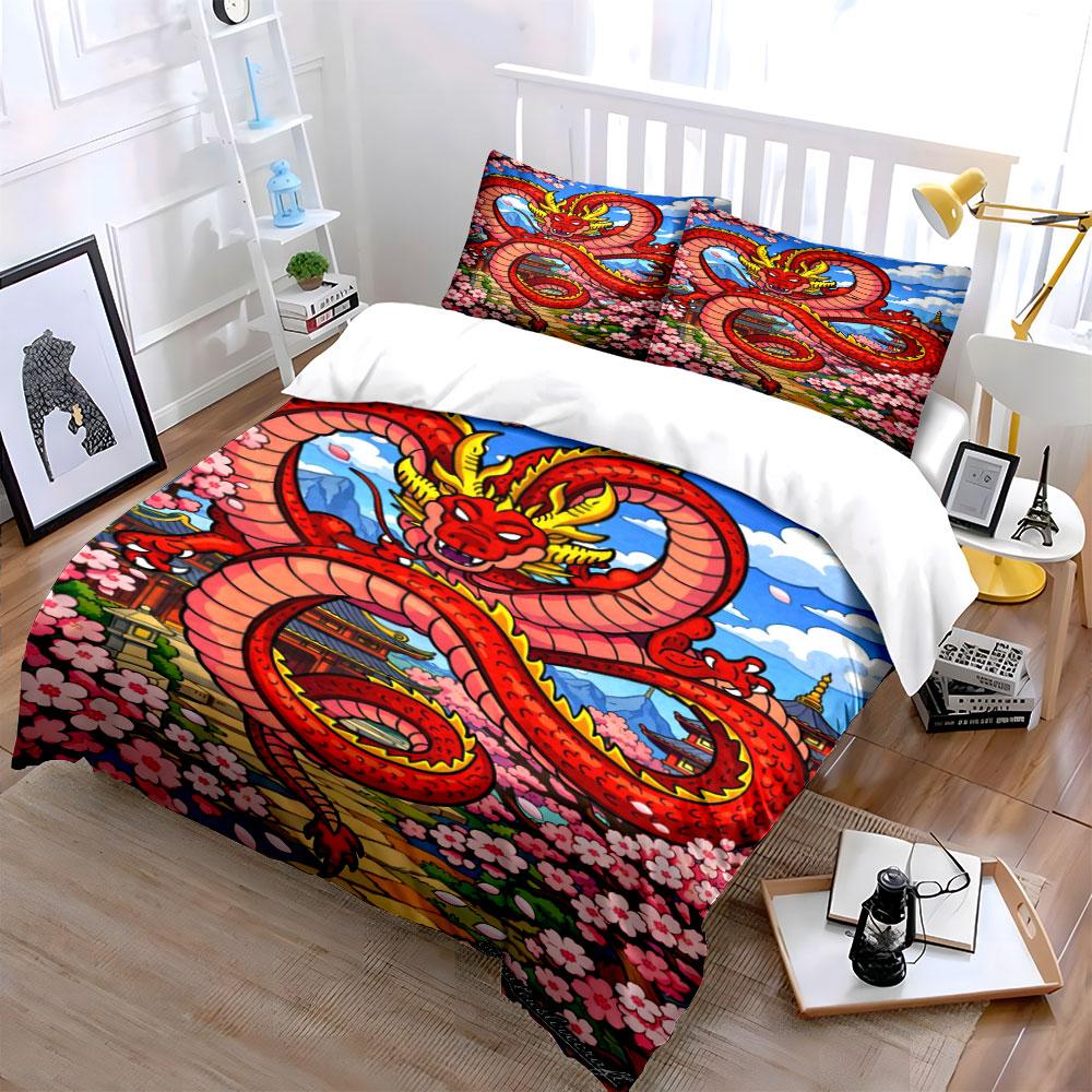 Red dragon with flowers. Bedding sets Duvet cover sets Duvet covers Pillowcases(1*Duvet Cover 2*Pillowcases without duvet insert)