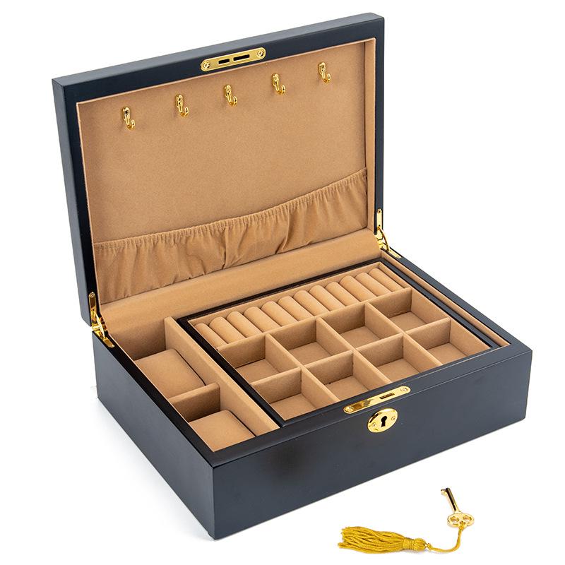 Mid-Century Solid Wood Jewelry Box with Lock: Multi-Layer Storage and Velvet Interior