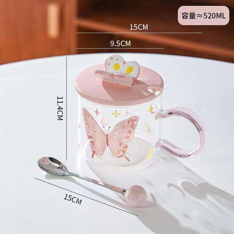 

Стеклянная кружка-бабочка, термостойкая кружка для воды для девочек с крышкой и ложкой, кружка для завтрака для домашнего использования, высокая красота 520ML