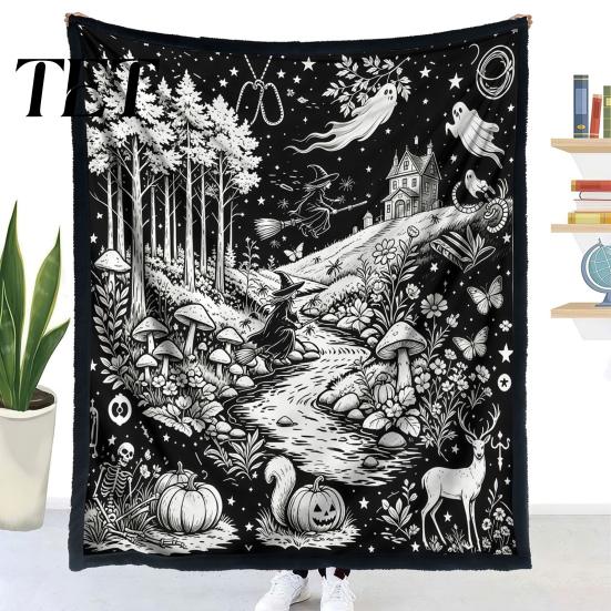 Cozy Warm Throw for Sofa Halloween DIY Coloring Blanket with 24 Markers, Washable Blanket, Color Art Therapy Relaxation Your Own Spooky Pattern