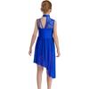 Girls Sleeveless Mock Neck Leotard Dress – Asymmetrical Shoulder Floral Lace with Rhinestones, Irregular Hem for Lyric Dance